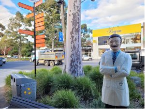 Image of sculptured timber statue located in main street of historic Greythorn are of North Balwyn